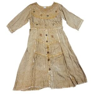 VTG Boho Prairie Yellow Acid Wash‎ Fringe Embroidered Button Front Midi Dress